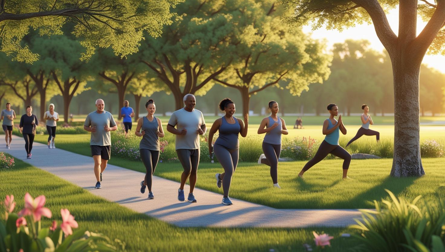 A serene park scene with people walking